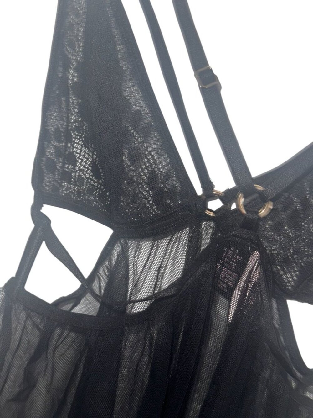 Victorias Secret Black Sheer Mesh Lace Lingerie Babydoll Dress With Strappy Deta - Picture 9 of 11
